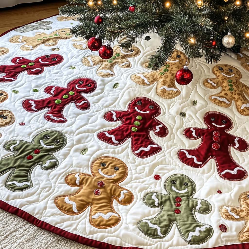 Gingerbread Jamboree Christmas Quilted Tree Skirt Holiday Party Decor for Home Under-Tree Christmas Decor