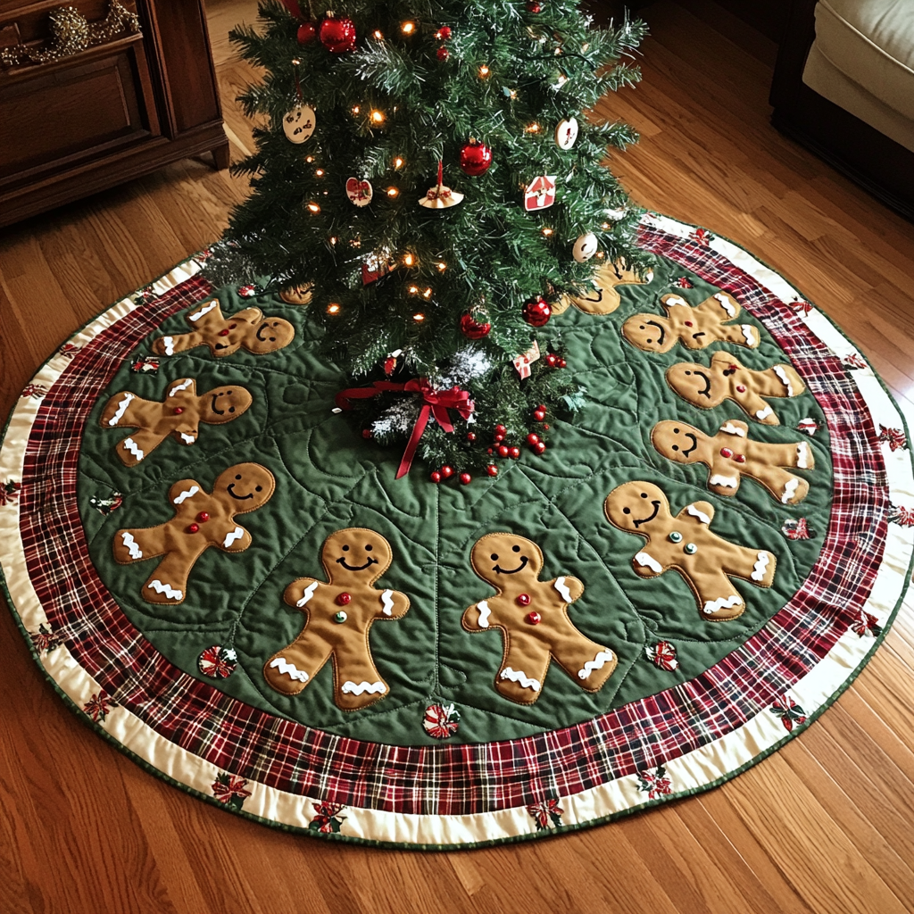 Gingerbread Joy Skirt Christmas Quilted Tree Skirt Cozy Holiday Tree Skirt to Brighten Your Home