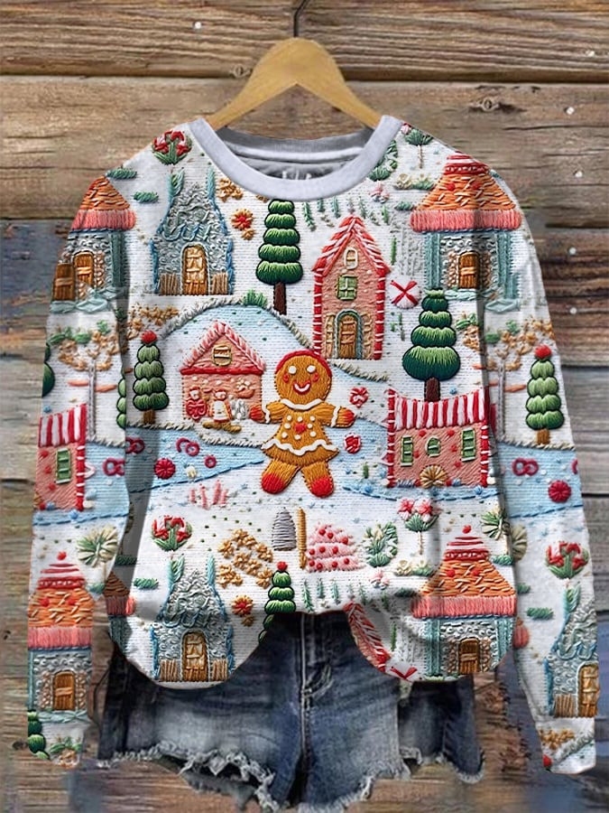 Gingerbread Man and Village Sweatshirt Festive Christmas Cookie Cute Clothes Gifts For Wife