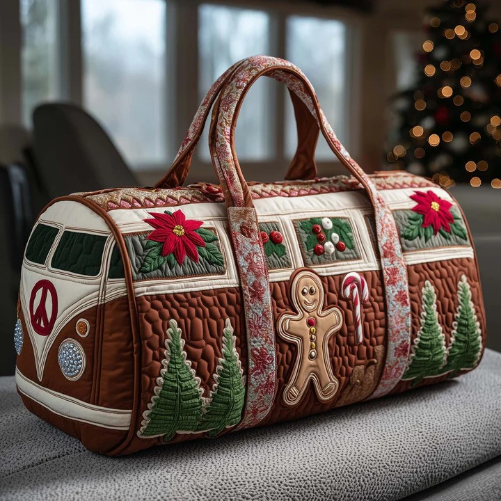 Gingerbread Man Christmas VW Bus Quilted Duffle Bag Holiday Travel Bag Best Gift For Christmas