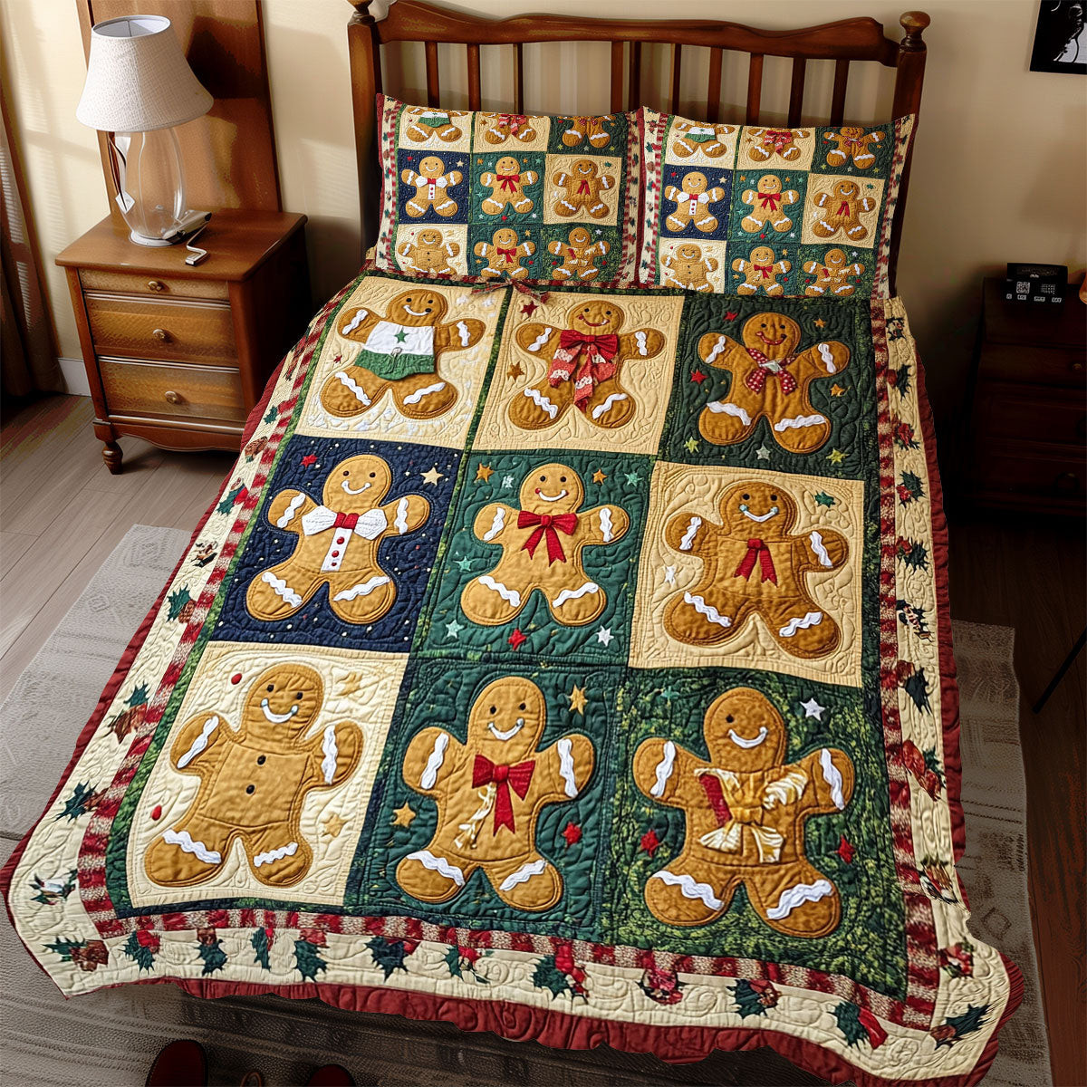 Gingerbread Man Patchwork Holiday Xmas Quilted Bedding Set Christmas Gifts For Mothers