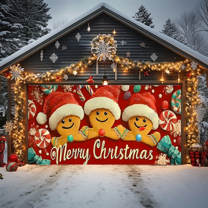 Gingerbread Merry Christmas Garage Door Cover Outdoor Backdrop Decor Gingerbread Gifts