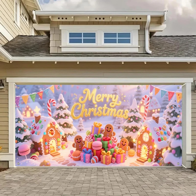 Gingerbread Merry Christmas Garage Door Cover Winter Outside Decor Gingerbread Related Gifts