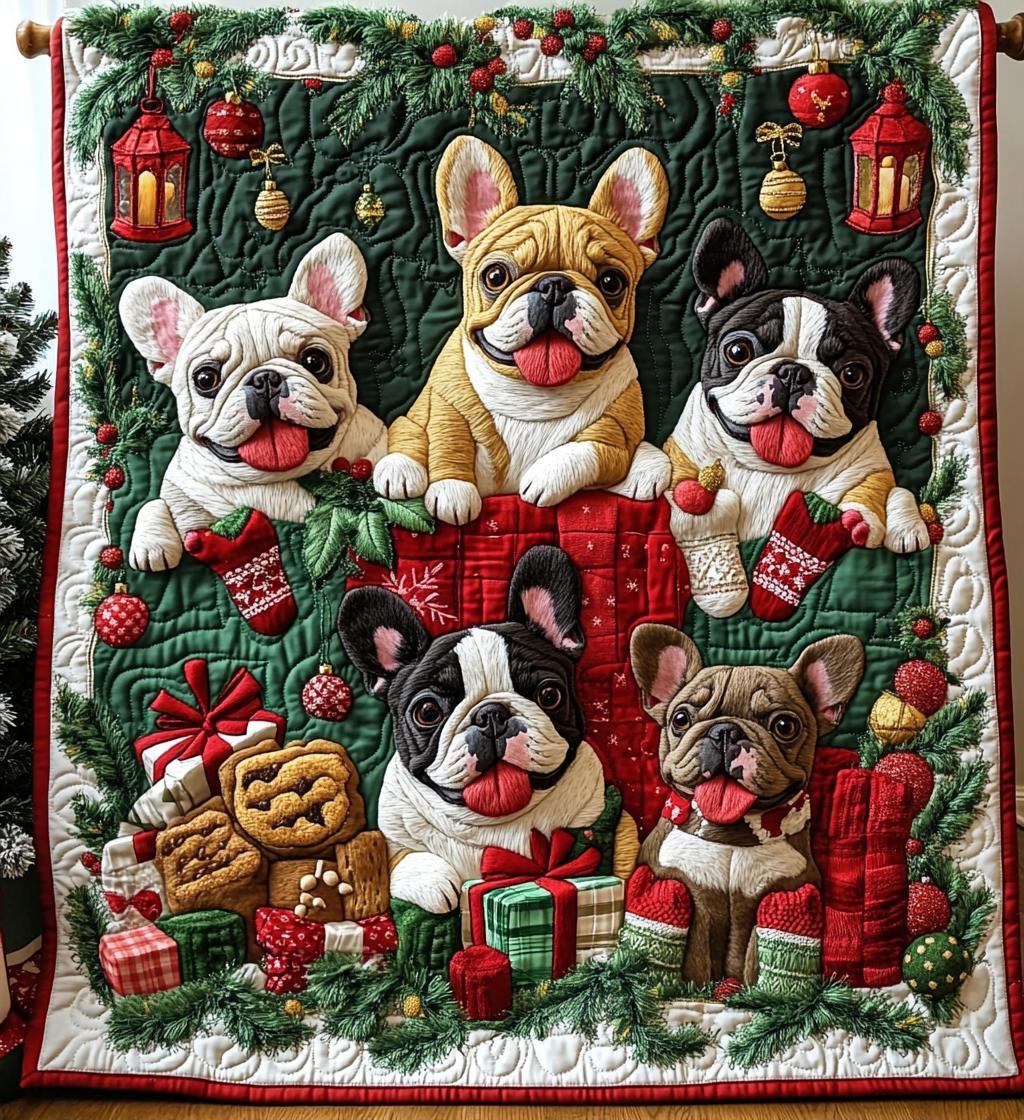 Gingerbread puppy Quilted Blanket Gifts For Frenchie Lovers