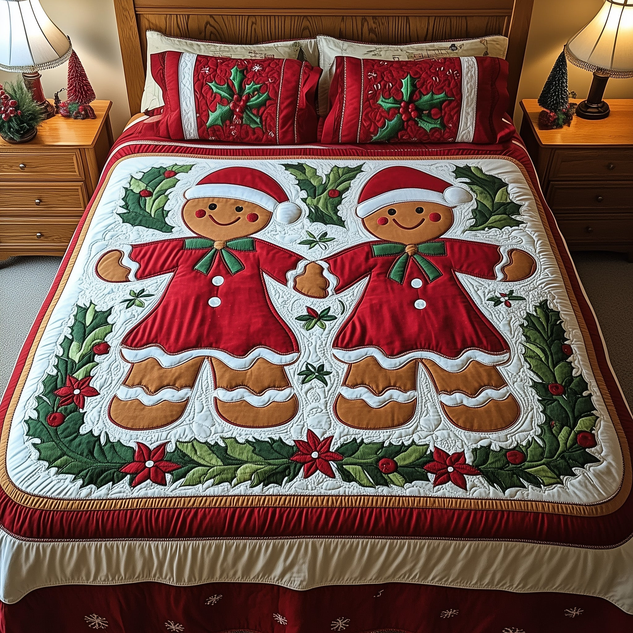 Gingerbread Quilted Bedding Set Christmas Cookie Quilt Set Festival Bedding Decor Gift Ideas