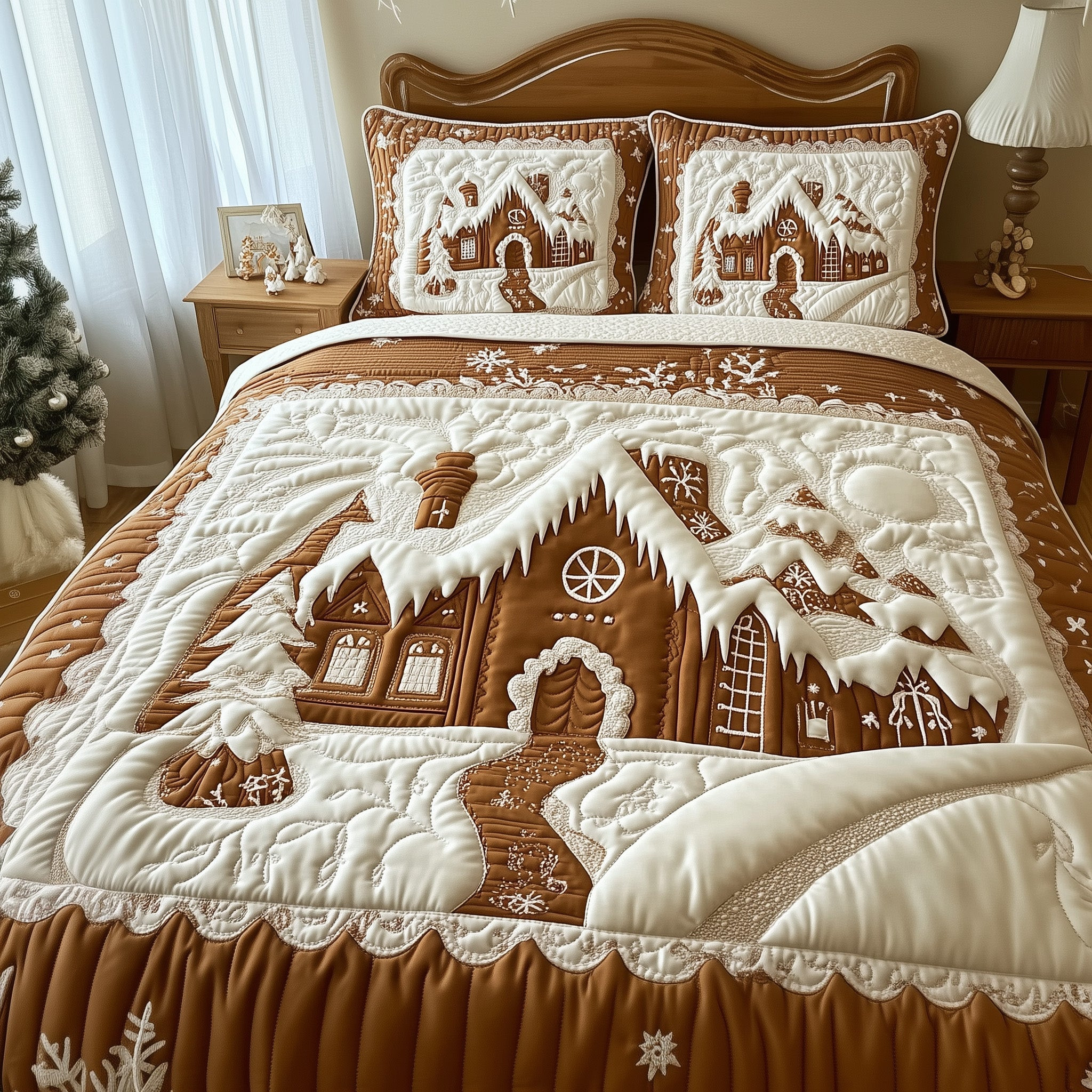 Gingerbread Quilted Bedding Set Sweet Treat Christmas Quilt Gifts Ideas