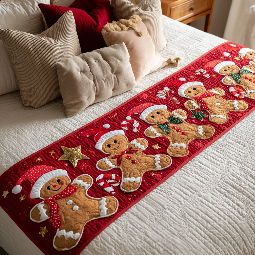 Gingerbread Spirit Quilted Bed Runner Bedroom Holiday Decor Family Christmas Presents