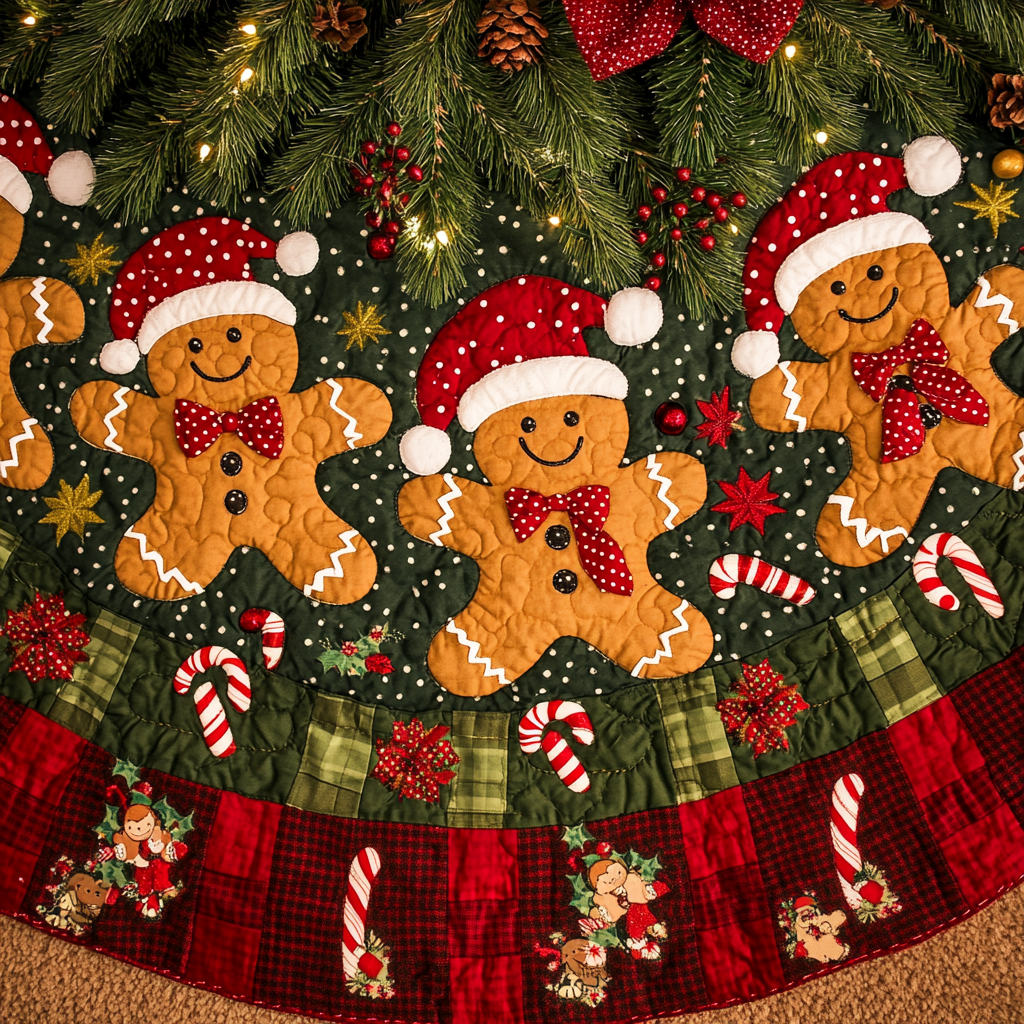 Gingerbread Village Delight Christmas Quilted Tree Skirt Xmas Under Tree Decoration Seasonal Tree Area Decoration