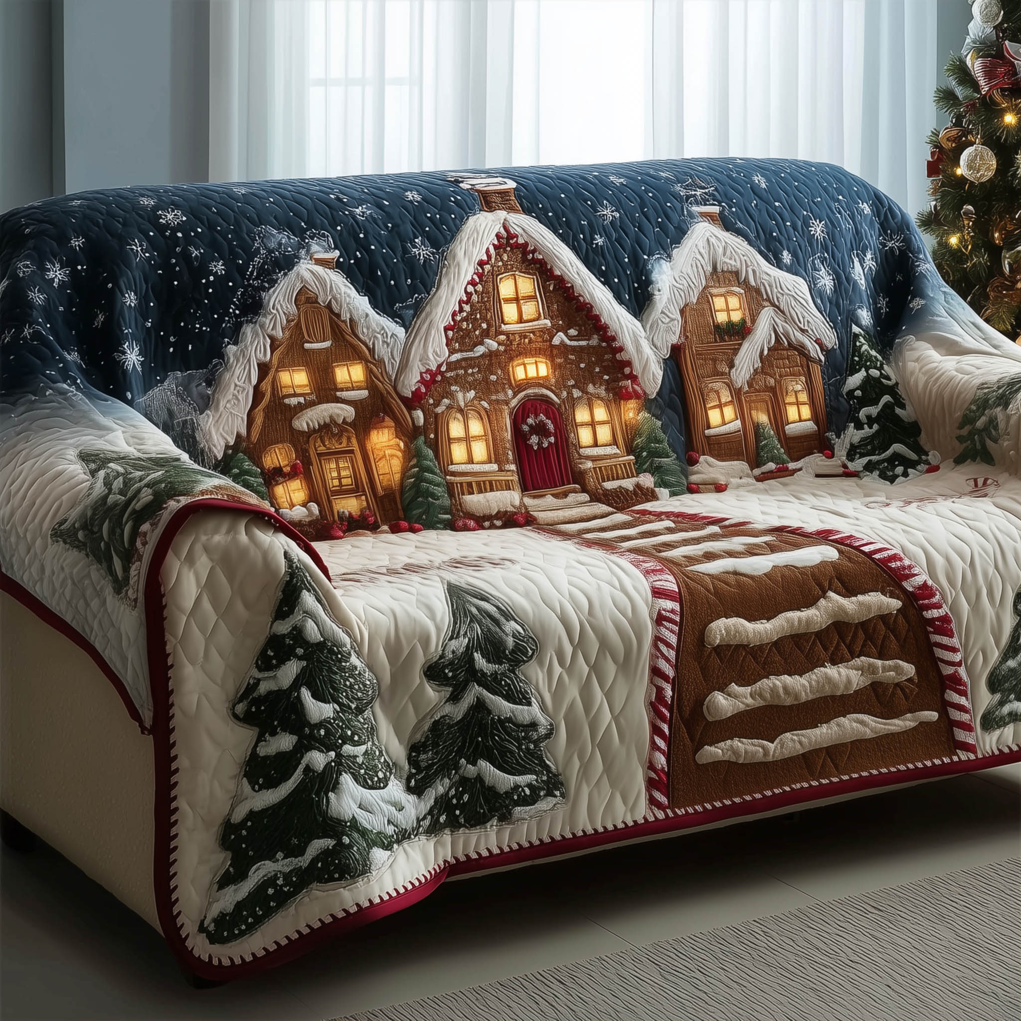 Gingerbread Village Quilted Sofa Cover Candy Cane Village Accent Best Gift For Sweet Lover