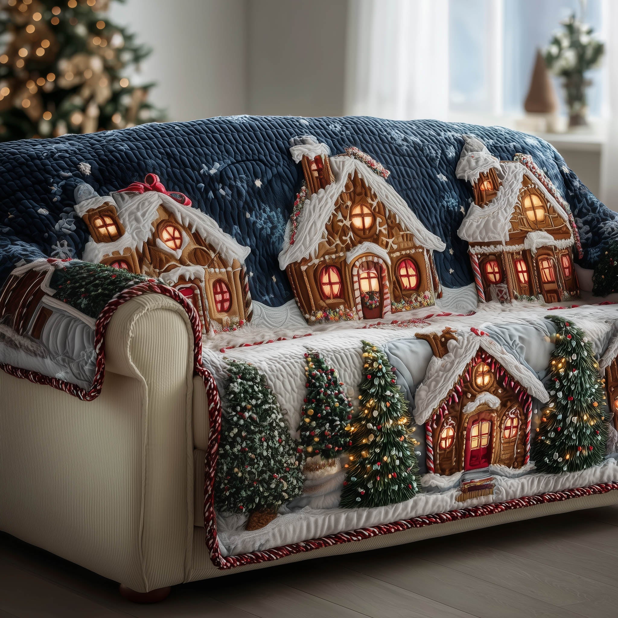 Gingerbread Village Quilted Sofa Cover Christmas Treat Town Protector Best Gift For Sweet Lover