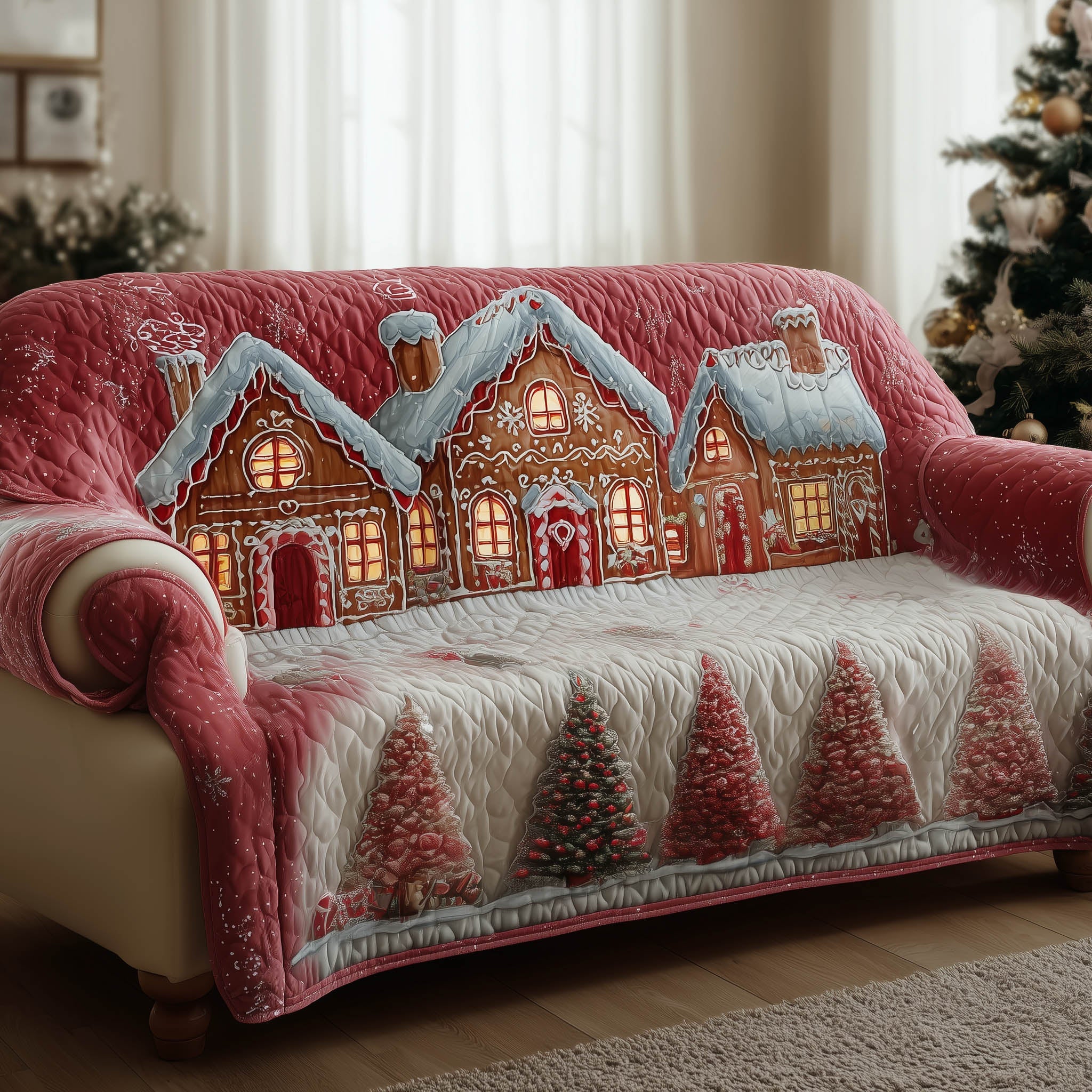 Gingerbread Village Quilted Sofa Cover Holiday Edible House Design Best Gift For Sweet Lover