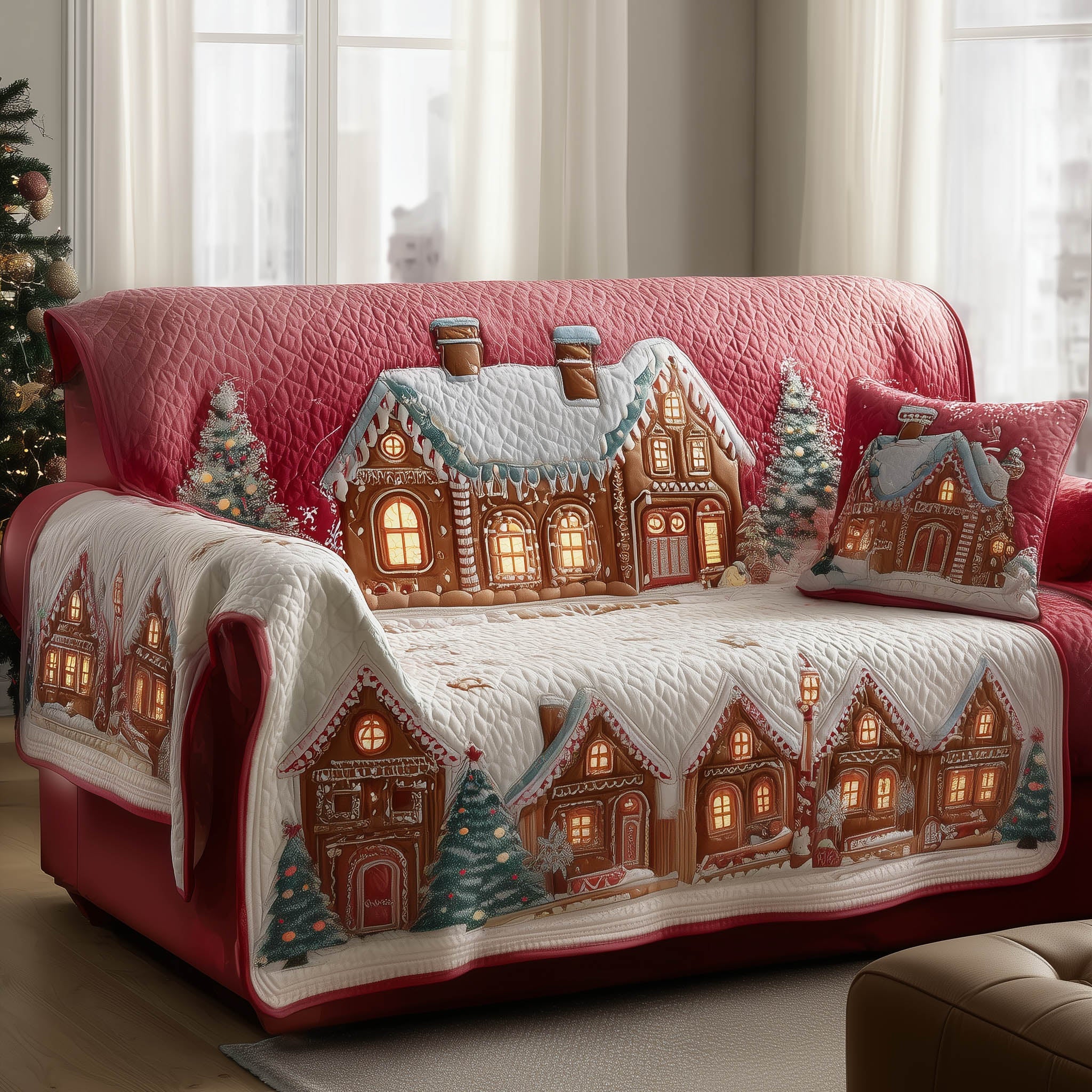 Gingerbread Village Quilted Sofa Cover Sweet Christmas Cookie Town Best Gift For Sweet Lover