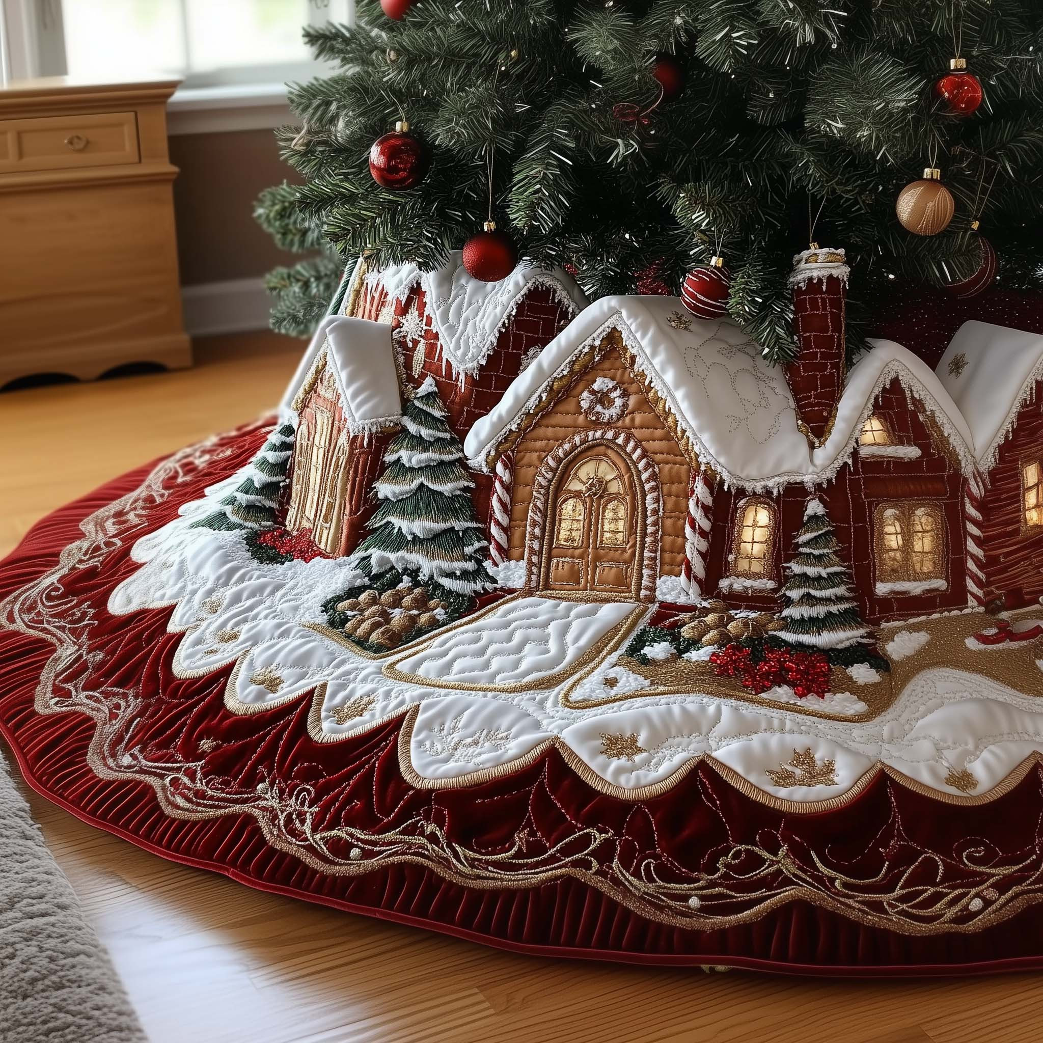 Gingerbread Village Quilted Tree Skirt Cute Home Decor Unique Christmas Gift Ideas