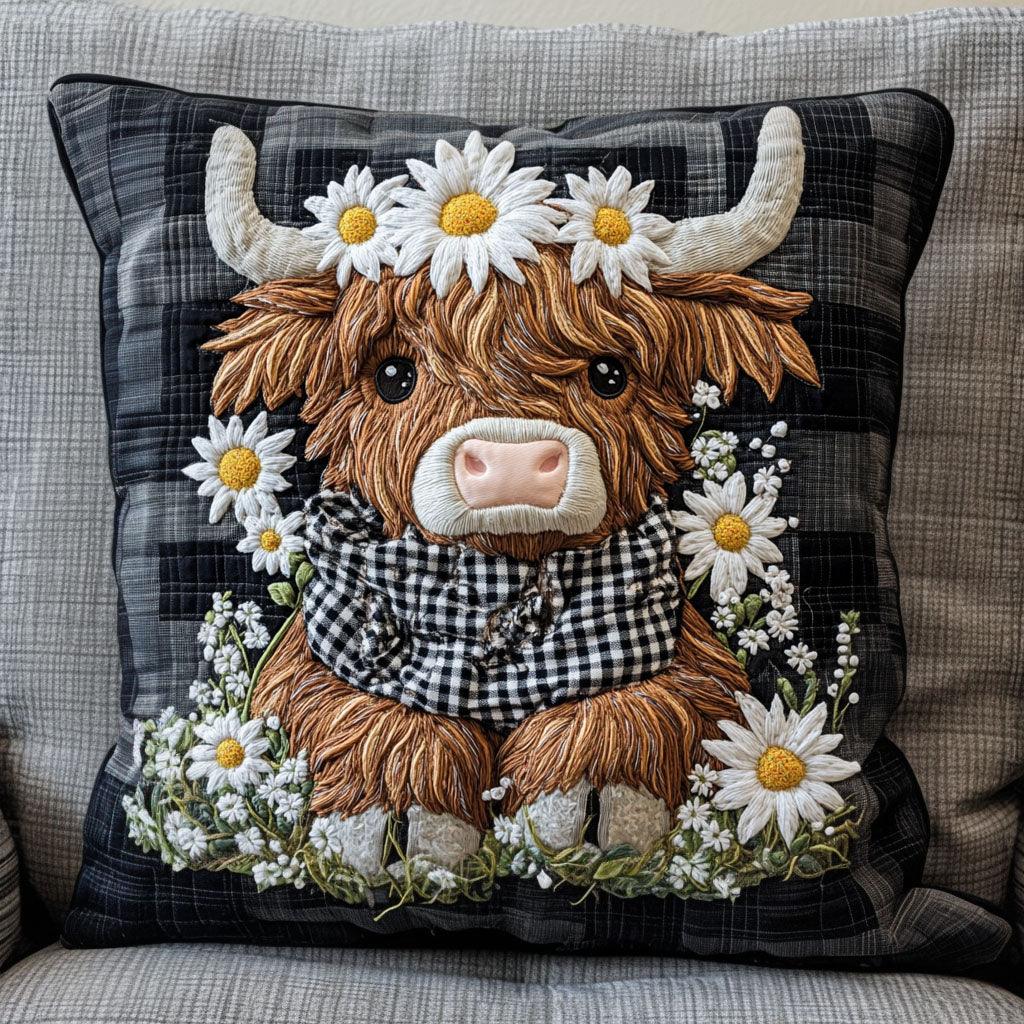 Gingham Daisy Moo Quilted Pillow Case Decorative Pillow Cases Highland Cow Gift Ideas