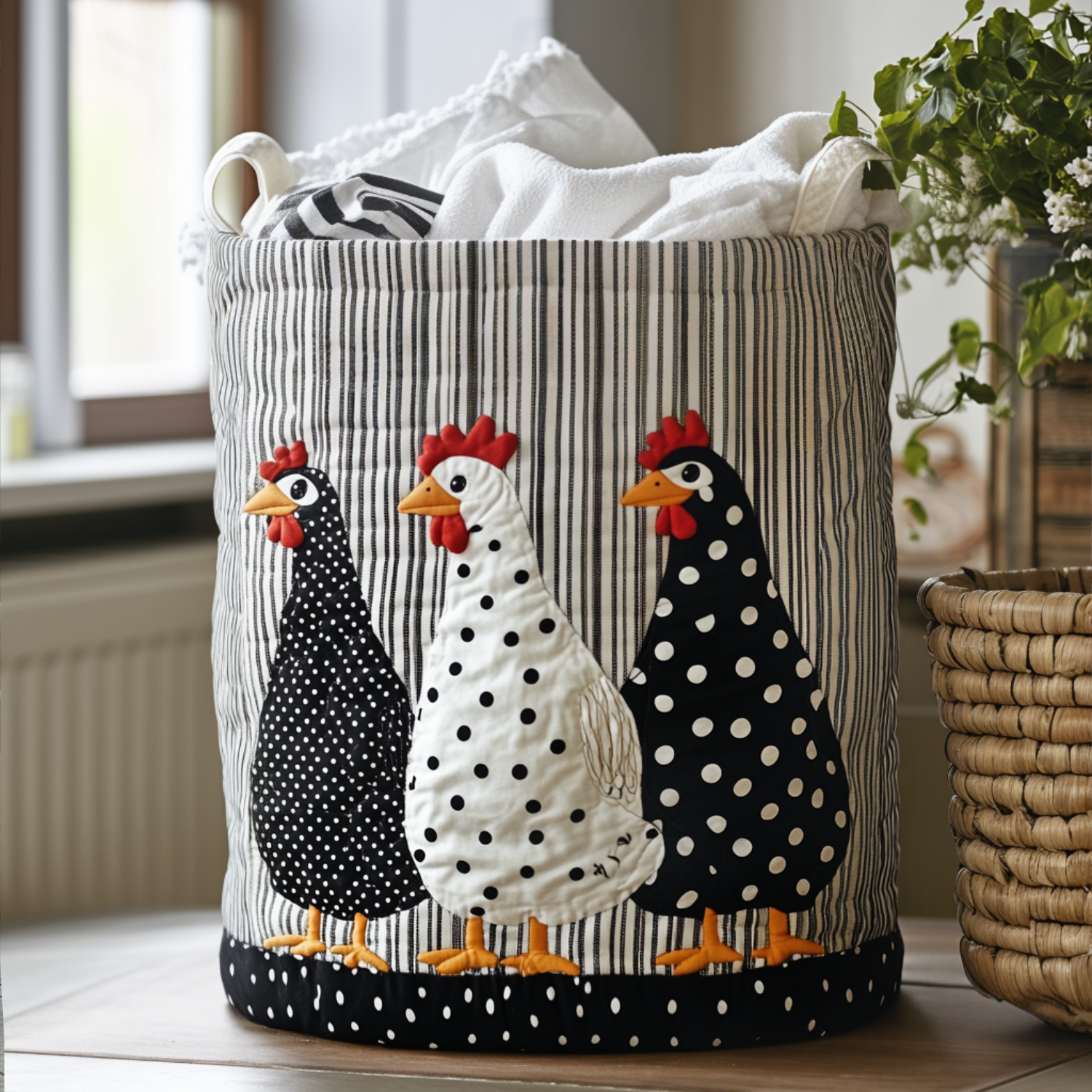 Gingham Rooster Quilted Laundry Basket Merch For Home And Living