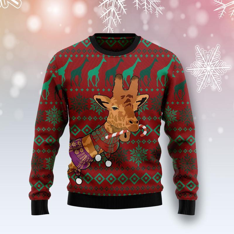 Giraffe Eating Candy Ugly Christmas Sweater Funny Giraffe Sweater Gifts For Xmas Holiday