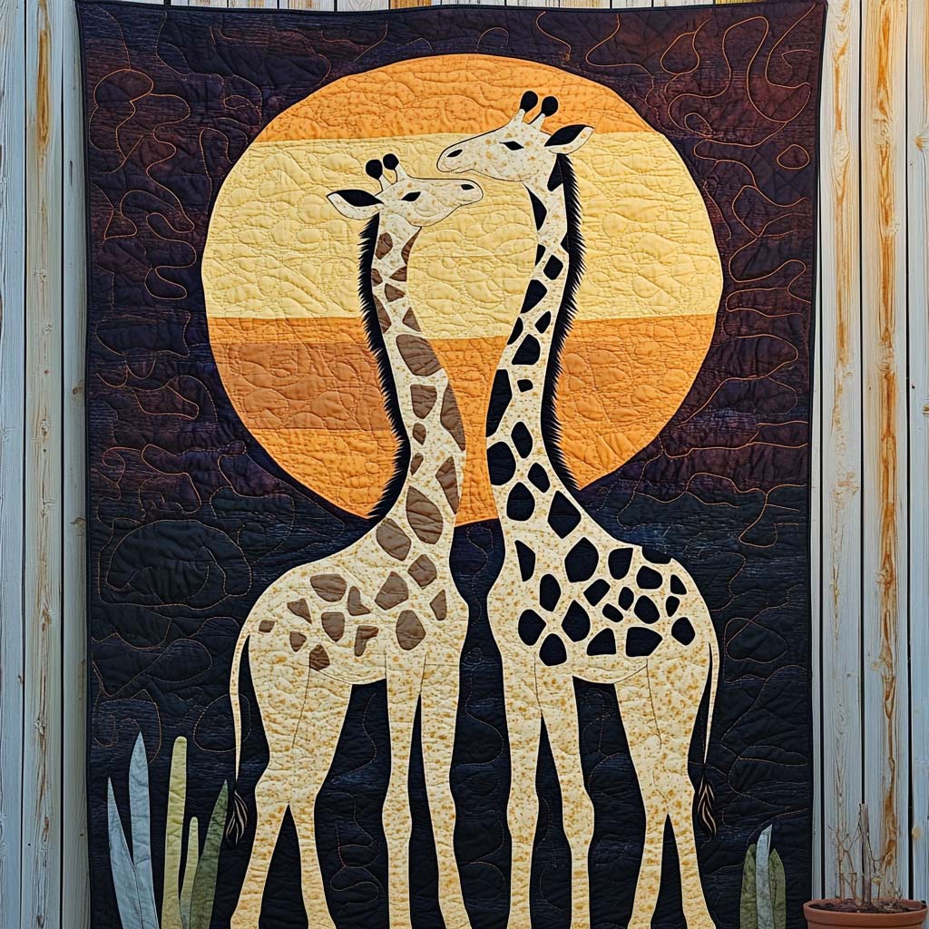 Giraffe Sunset Romance Quilted Blanket Presents For Giraffe Lovers