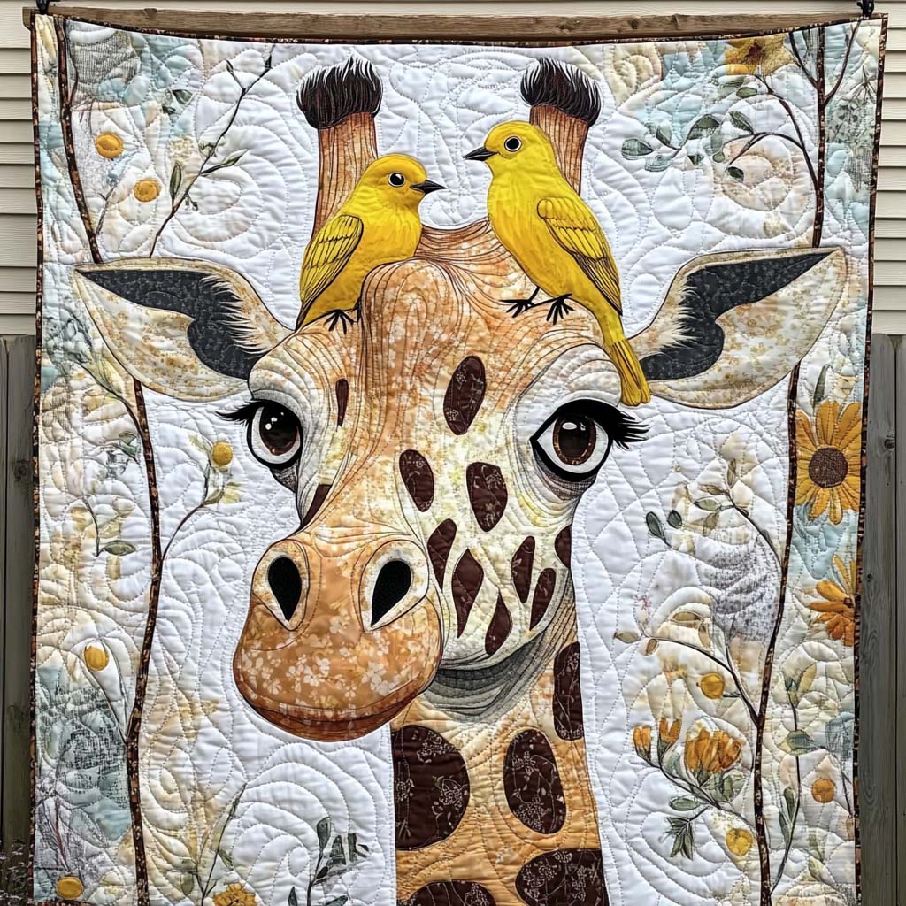 Giraffe With Feathered Friends Quilted Blanket Presents For Giraffe Lovers