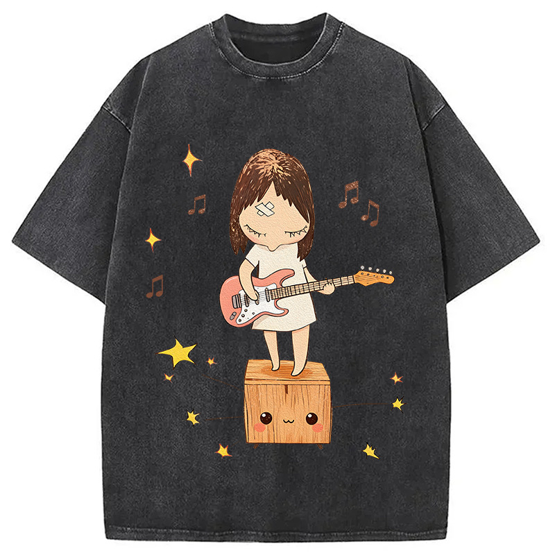 Girl playing Guitar Washed T-Shirt Minimal Retro Graphic Clothing Gifts For Brother
