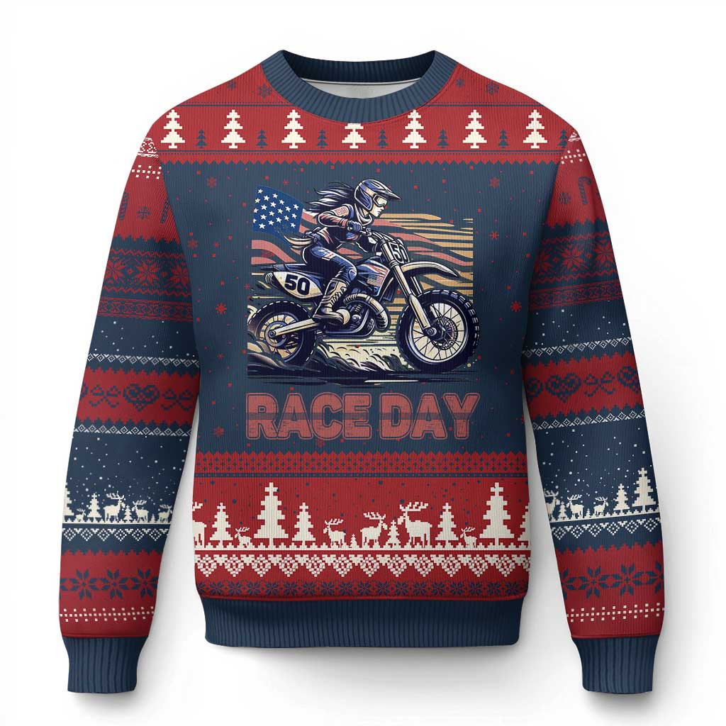 Girl Race Day Ugly Christmas Sweater Women's Motocross Racing Xmas Clothing Gift
