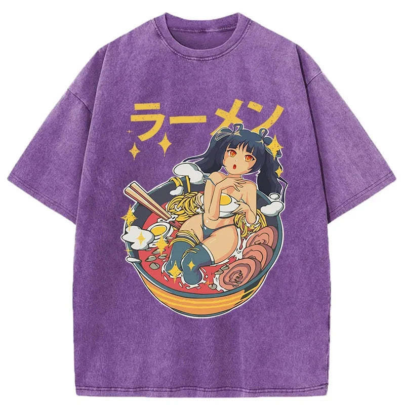 Girls And Ramen Washed T-Shirt Classic Graphic Fashion Tee Gifts For Best Friend