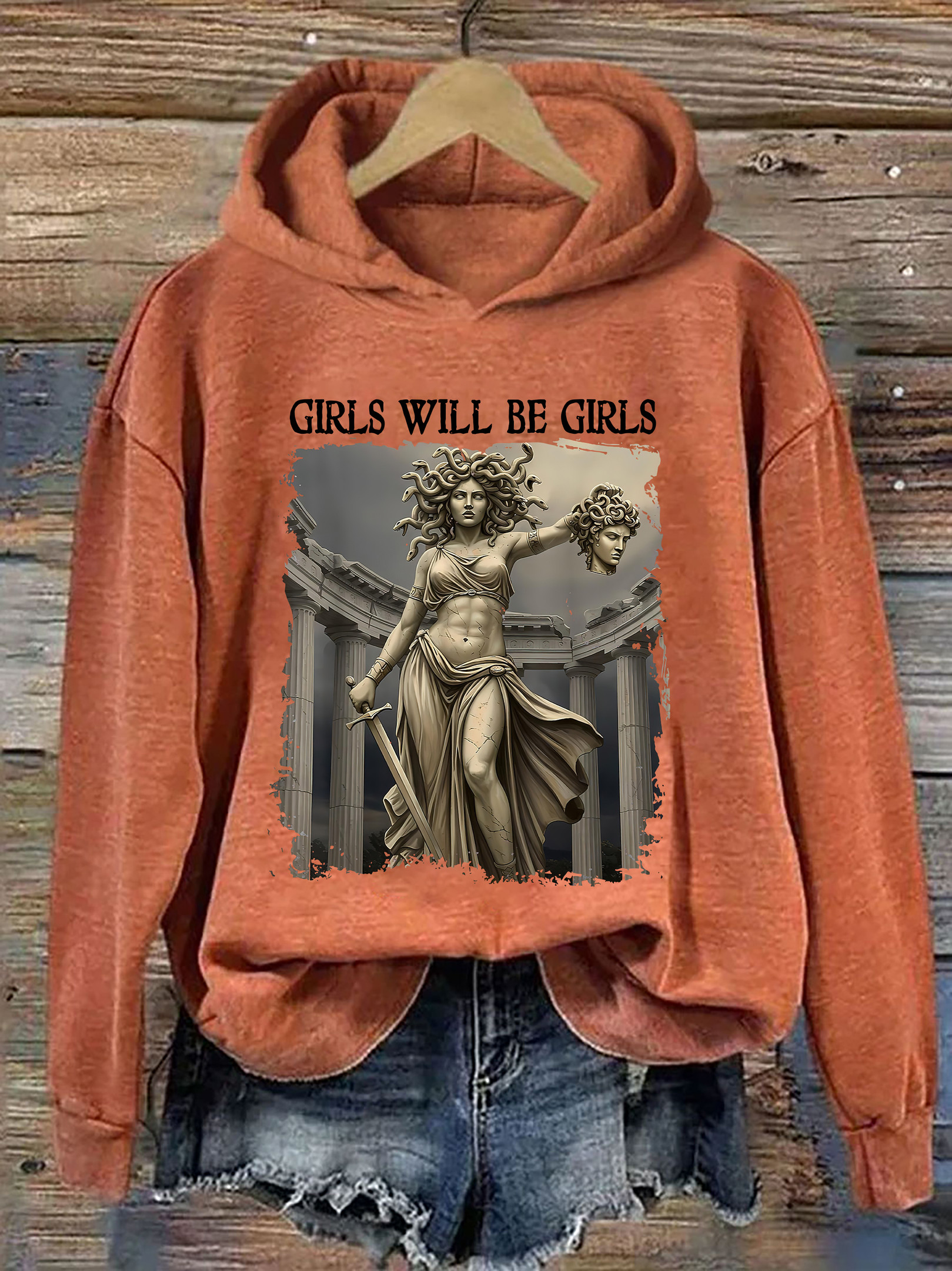 Girls Will Be Girls Hoodie Medusa Staute Graphic Funny Hoodie Gifts For Fantasy Lovers