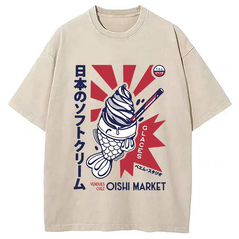 Glaces Vendues Chez Oishi Market Washed T-Shirt Retro Streetwear Graphic Top Gifts For Brother