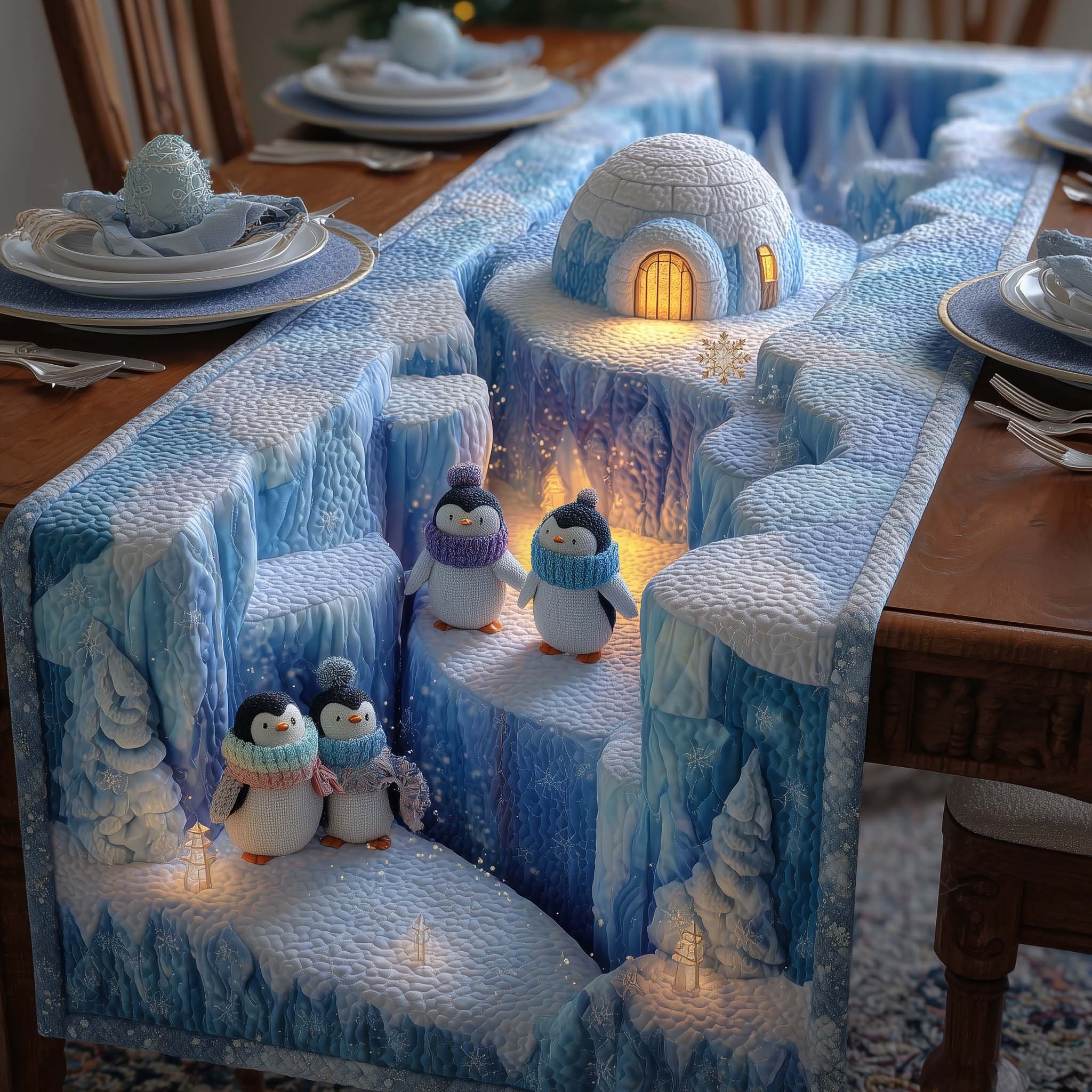 Glacier Penguin Quilted Table Runner Charming Farmhouse Accent Gift For Dining Room Table