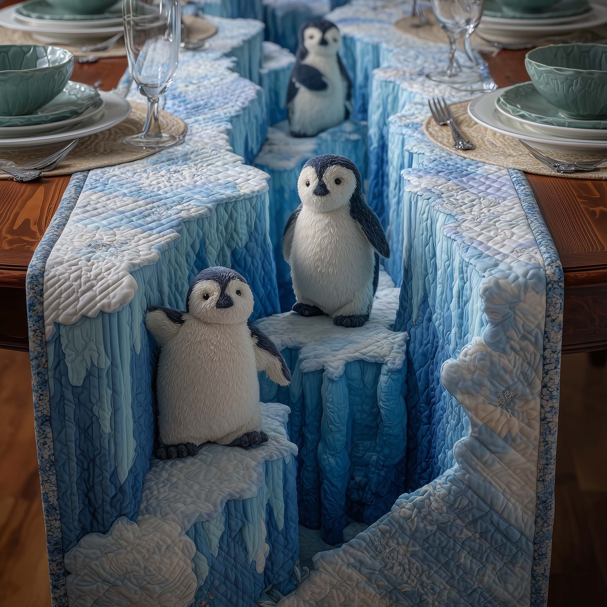Glacier Penguin Quilted Table Runner Rustic Kitchen Dining Decor Gift For Cozy Family Home