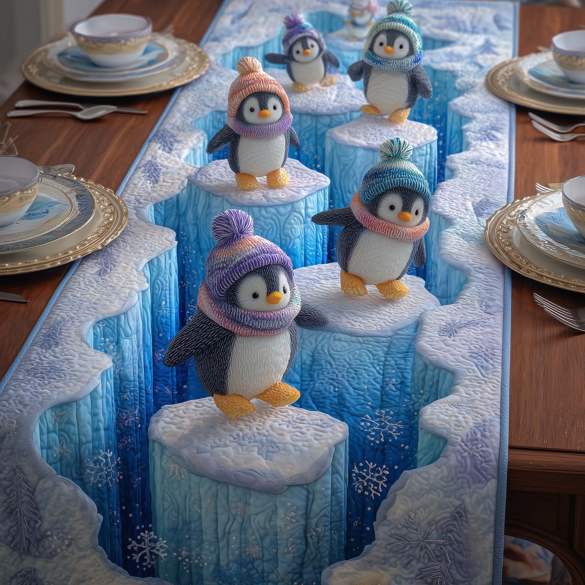 Glacier Penguin Quilted Table Runner Seasonal Tabletop Decor Gift For Kitchen Dining Space
