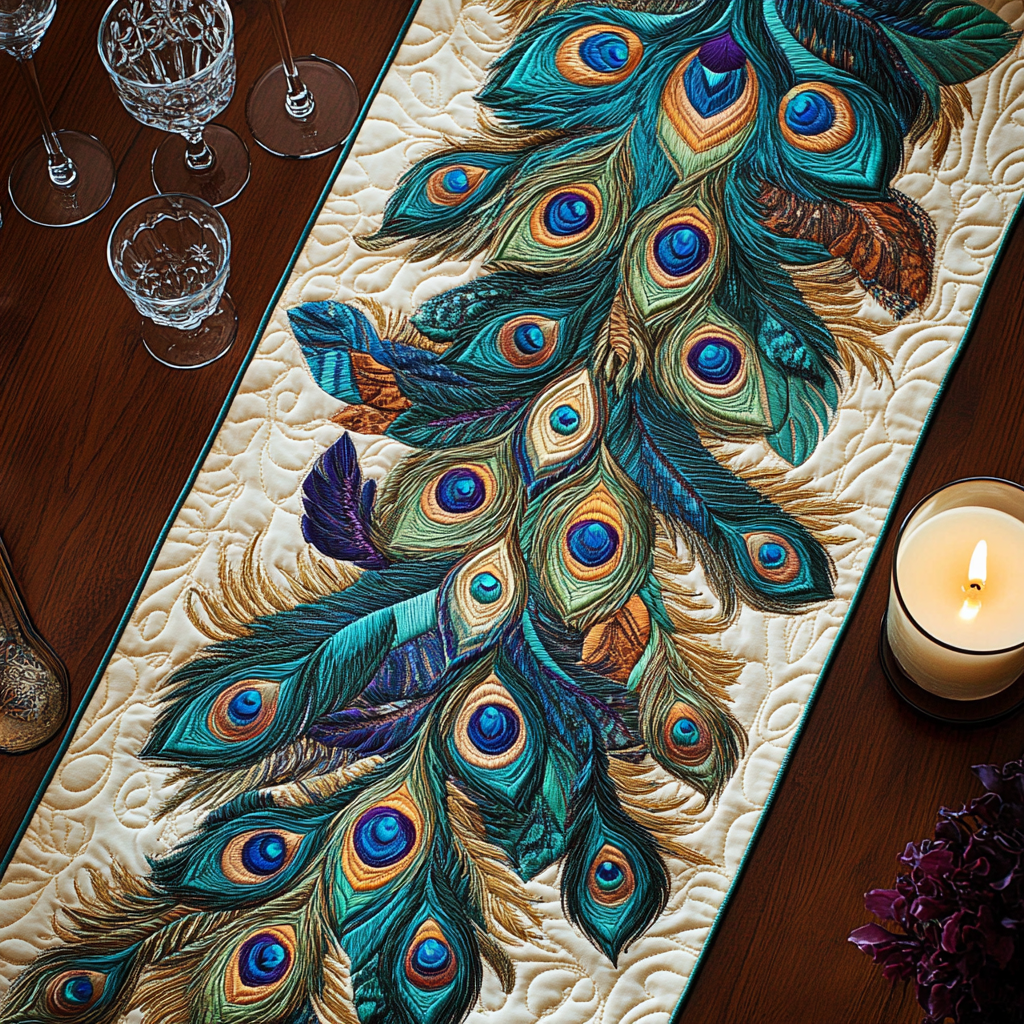 Glam Feather Quilted Table Runner Dining Decor Peacock Gifts For Her