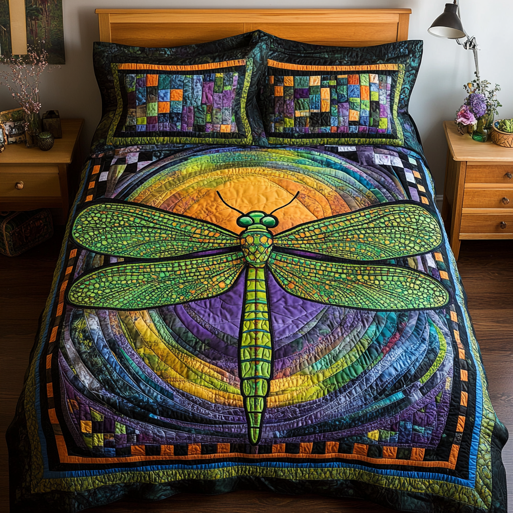 Gliding Jewel Quilted Bedding Set Cute Room Decor Birthday Presents For Dragonfly Lovers