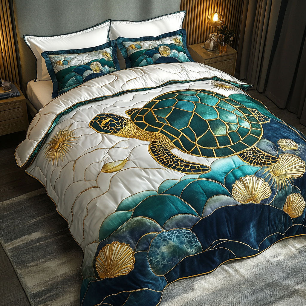 Gliding Through Waves Quilted Bedding Set Unique Bed Sheet Set Sea Turtle Stuff