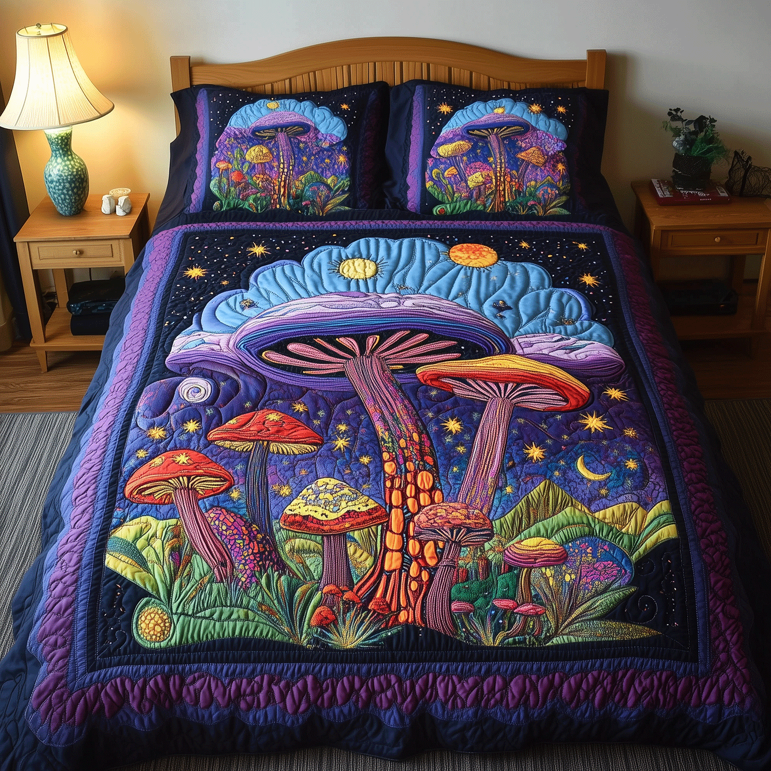 Glimmering Mushroom Quilted Bedding Set Special Home Gift Idea for Comfortable Living