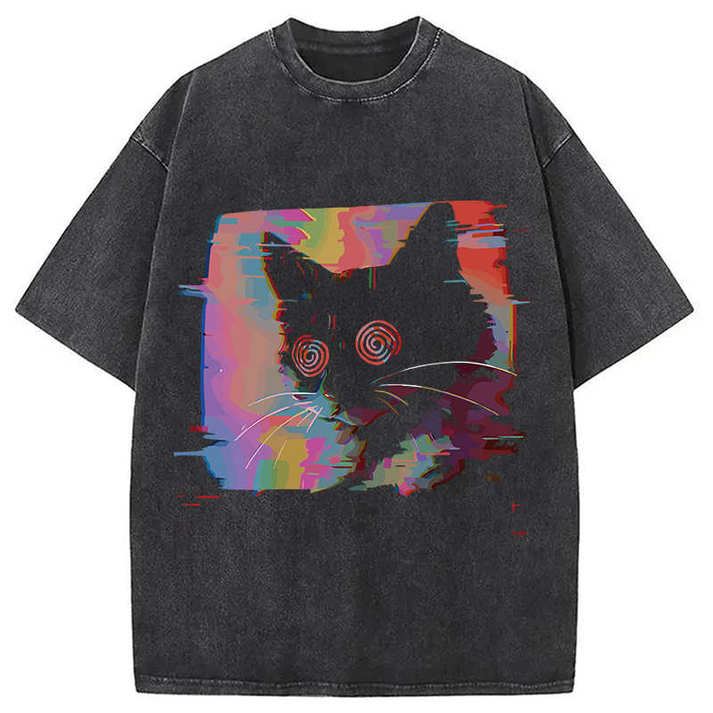 Glitch Cat Washed T-Shirt Soft Comfortable Daily T Shirt Gifts For Friends