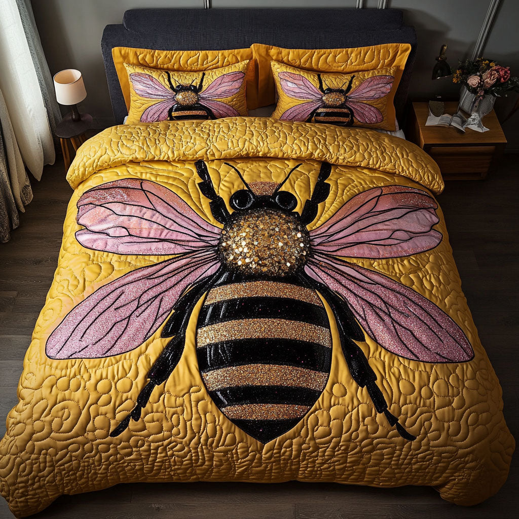 Glitter Bee Charm Quilted Bedding Set Christmas Bedding Duvet Cover Presents For Bee Lovers