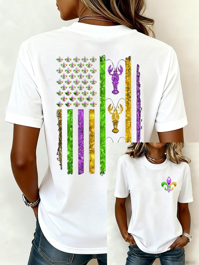 Glitter Mardi Gras USA American Flag Crawfish T-shirt New Orleans Mardi Gras Shirt Women's