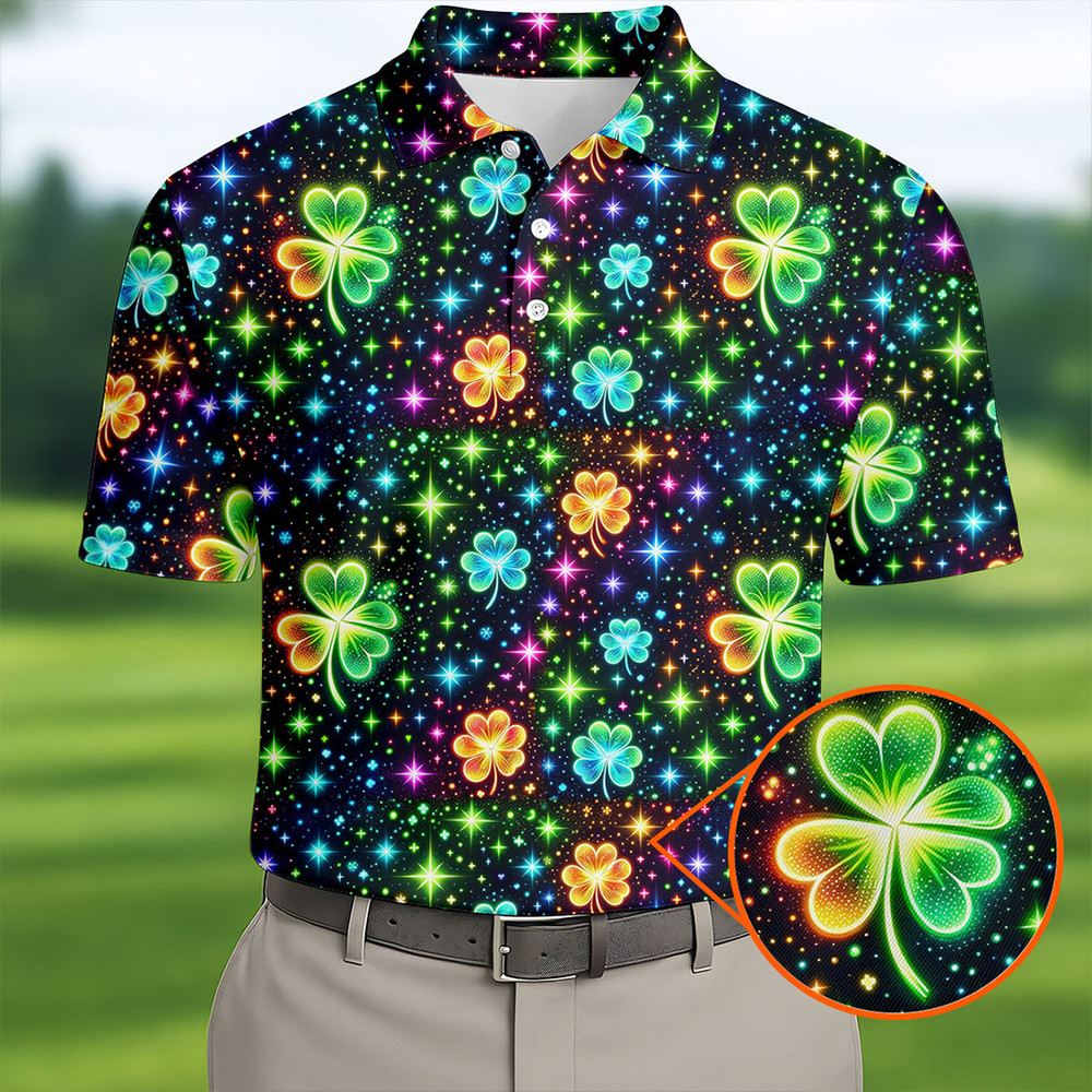 Glorious Shamrock Design Golf Polo Shirt Saint Patrick's Day 2026 Clothes Husband Gift Idea