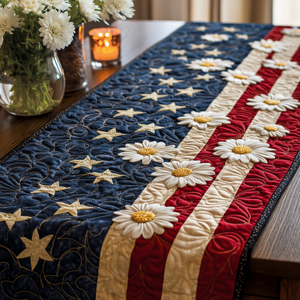 Glory Daisy Quilted Table Runner Holiday Table Throw Patriotic Christmas Gifts