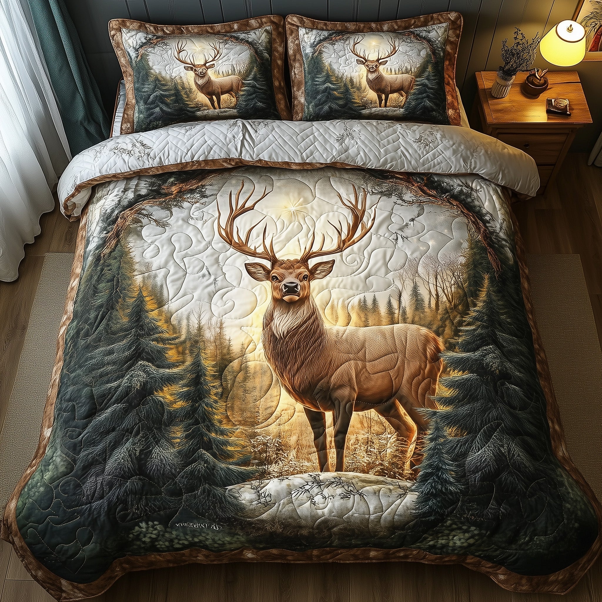 Glowing Forest Deer Quilted Bedding Set Duvet Cover Bedspread Best Thank You Gifts