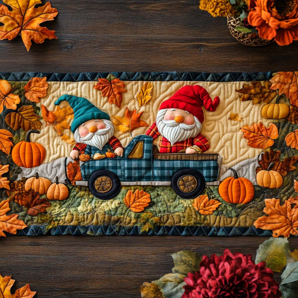 Gnome and Leaves Quilted Table Runner Elegant Fall Table Runners Unique Gifts Family