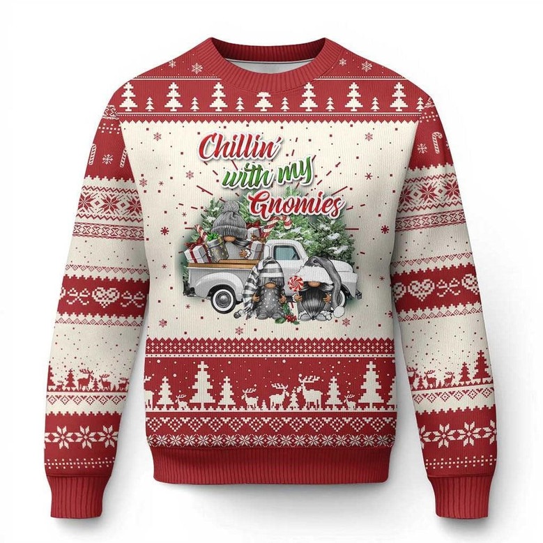 Gnome And Truck Chillin With My Gnomies Ugly Holiday Sweater Cute Jumper Best Gnome Gifts