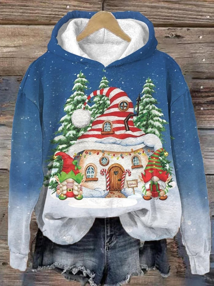Gnome And Winter Candy Cottage Christmas Hoodie Pine Forest Clothing Cute Gnome Gifts For Her
