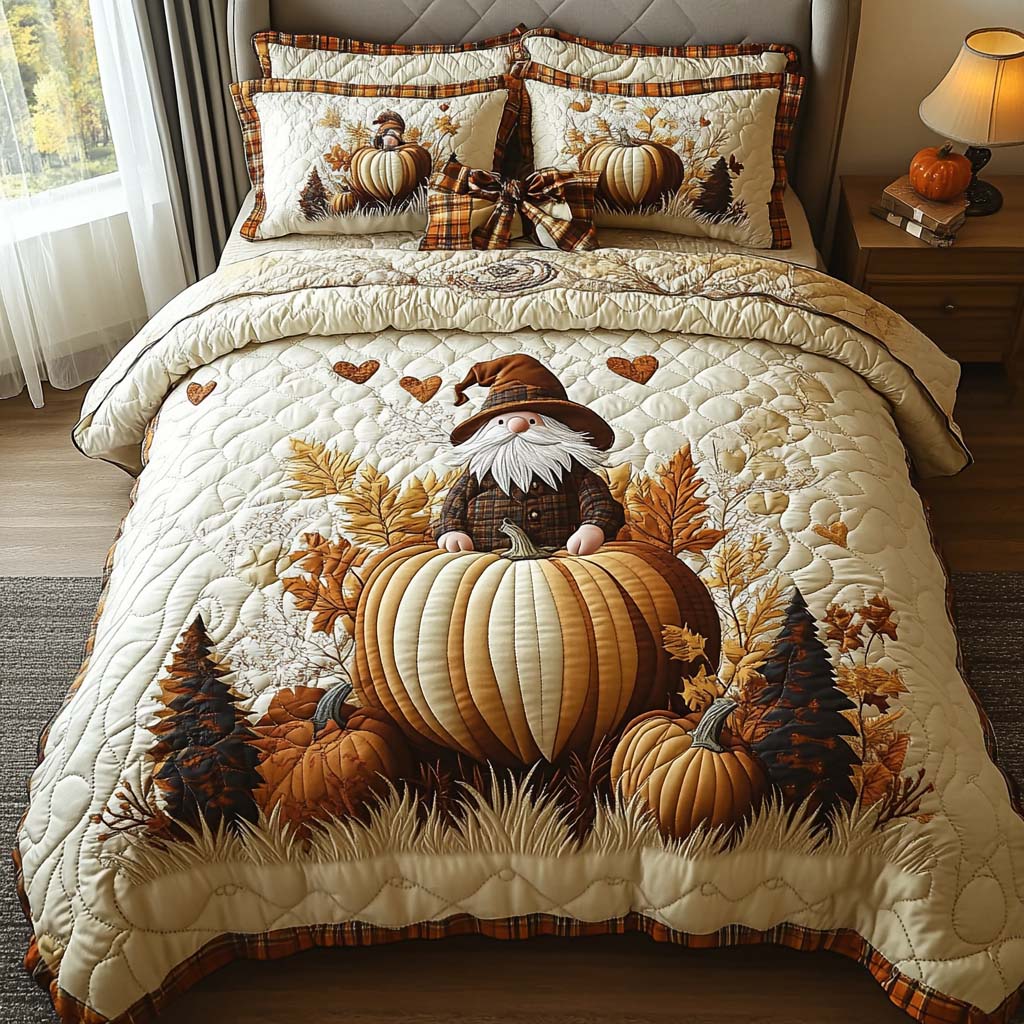 Gnome Autumn Charm Quilted Bedding Set Cute Bedroom Decor Gifts For Autumn Lovers