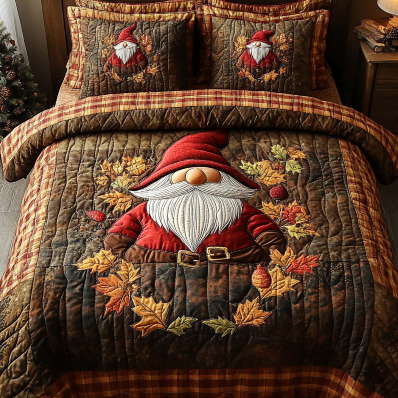 Gnome Autumn Leaves Quilted Bedding Set Unique Bed Sheet Set Autumn Themed Gifts