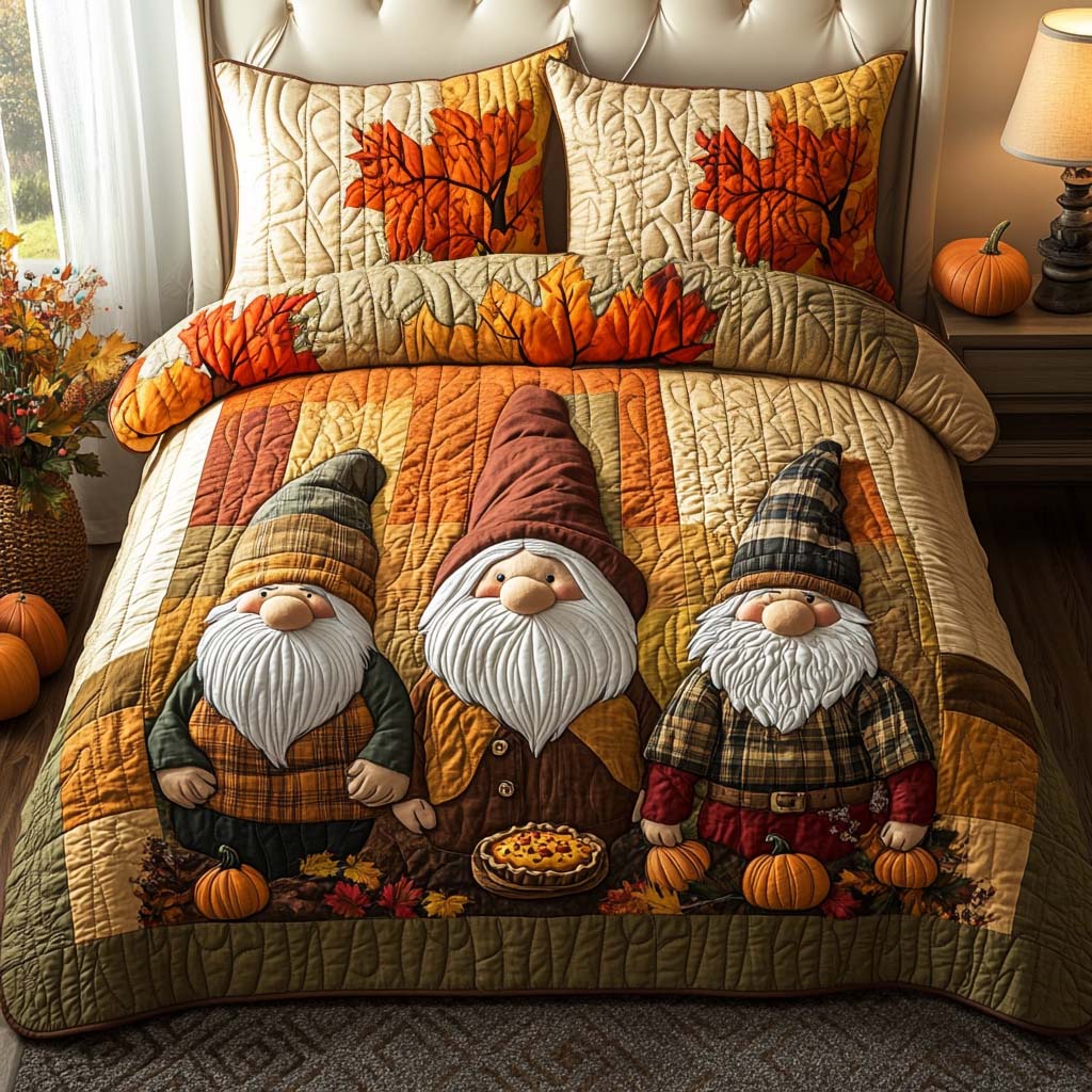 Gnome Autumn Parade Quilted Bedding Set Best Bedspread Set Small Fall Gift Ideas