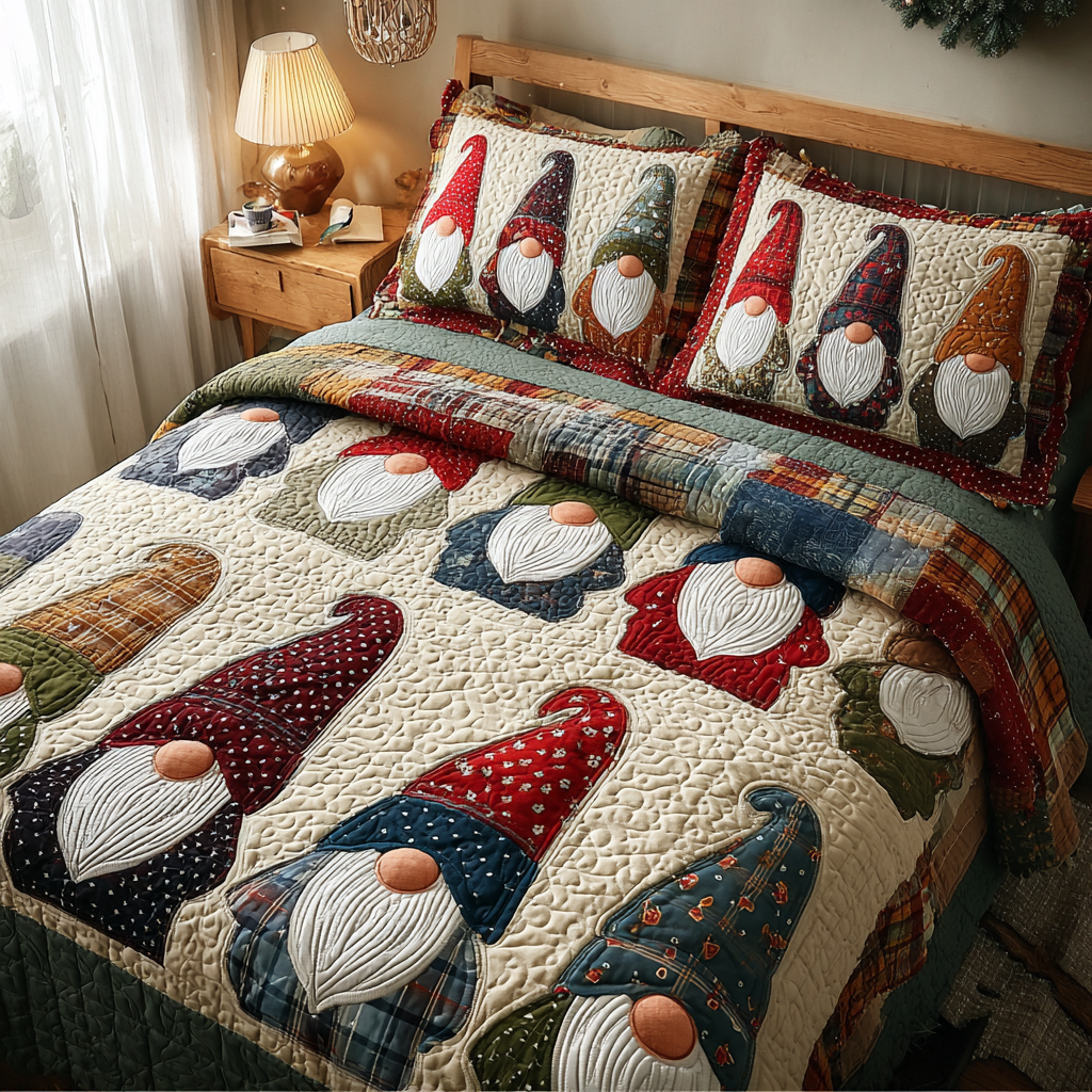 Gnome Charm Quilted Bedding Set Holiday Season Duvet Cover Set Christmas Gifts For Mom