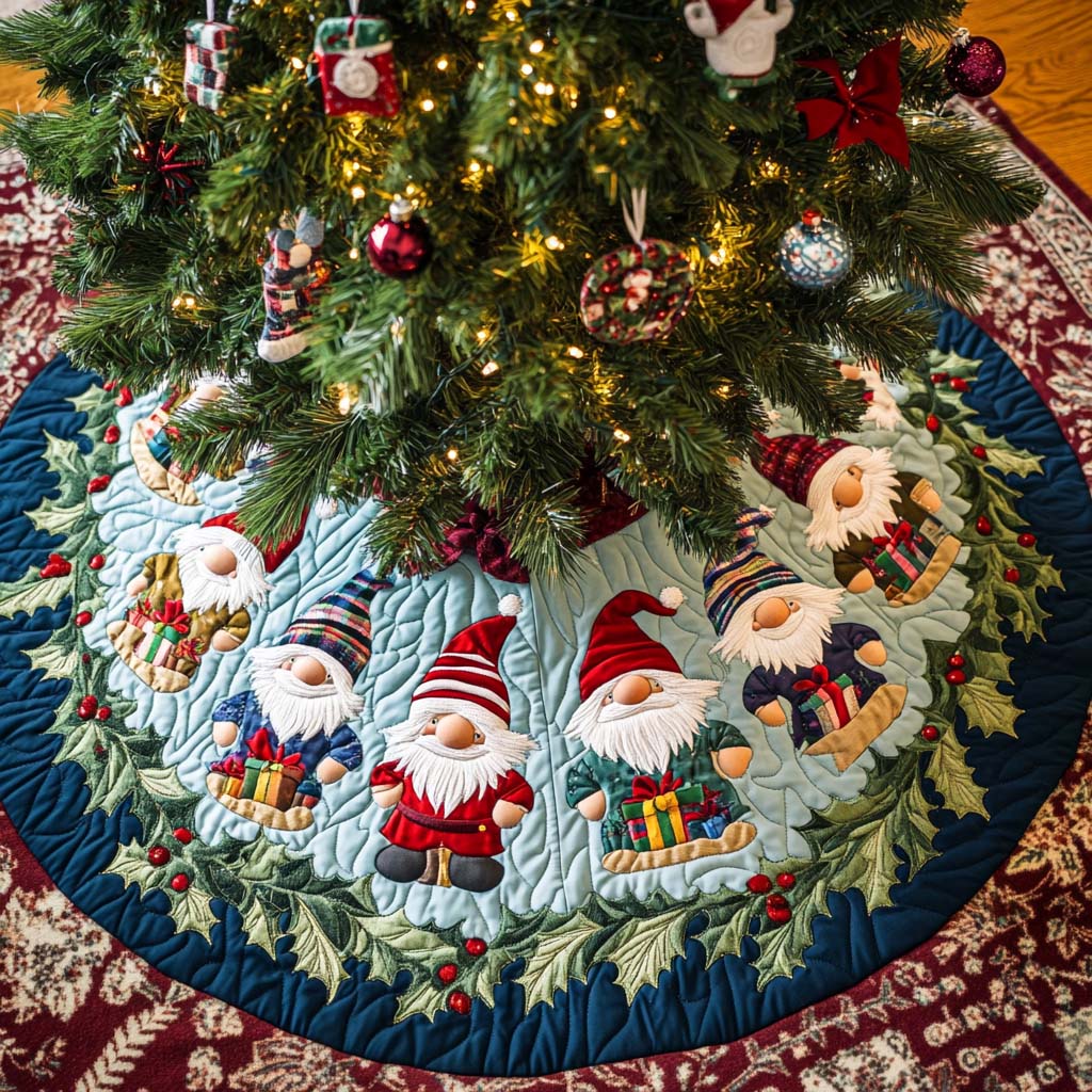 Gnome Cheer Christmas Quilted Tree Skirt Classic Red and White Tree Skirt for Traditional Decor