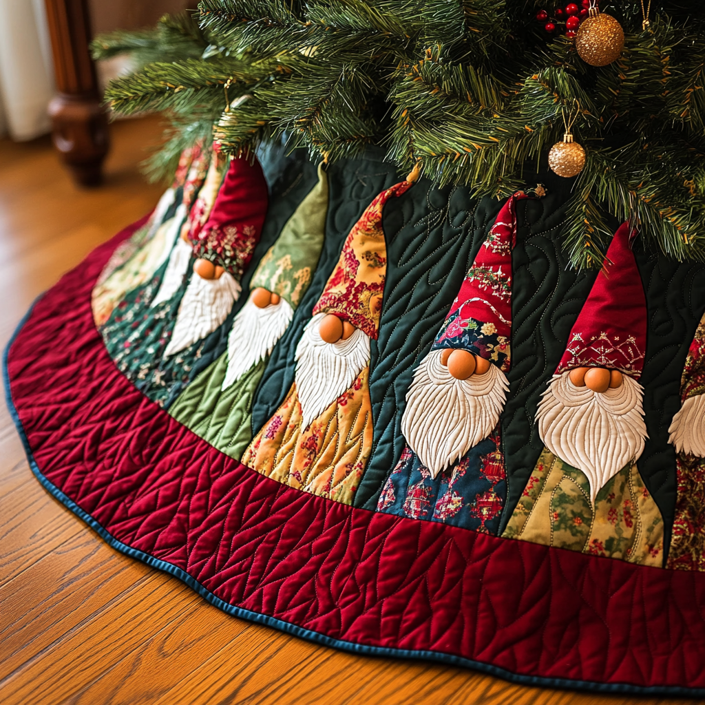 Gnome Cheer Quilted Christmas Tree Skirt Family Holiday Gathering Decor