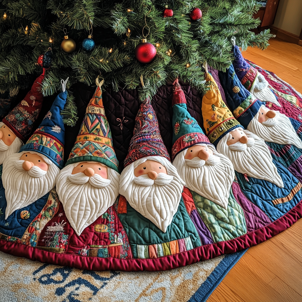 Gnome Delight Quilted Christmas Tree Skirt Lovely Holiday Tree Skirt for Festive Vibes